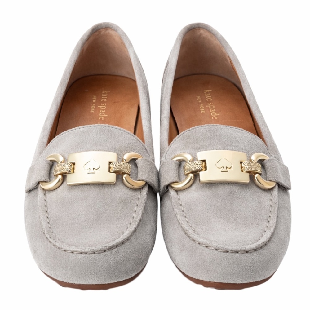 Kate Spade Gray Suede Horsebit Loafers Gold Hardware Quiet Luxury Flats Women 9